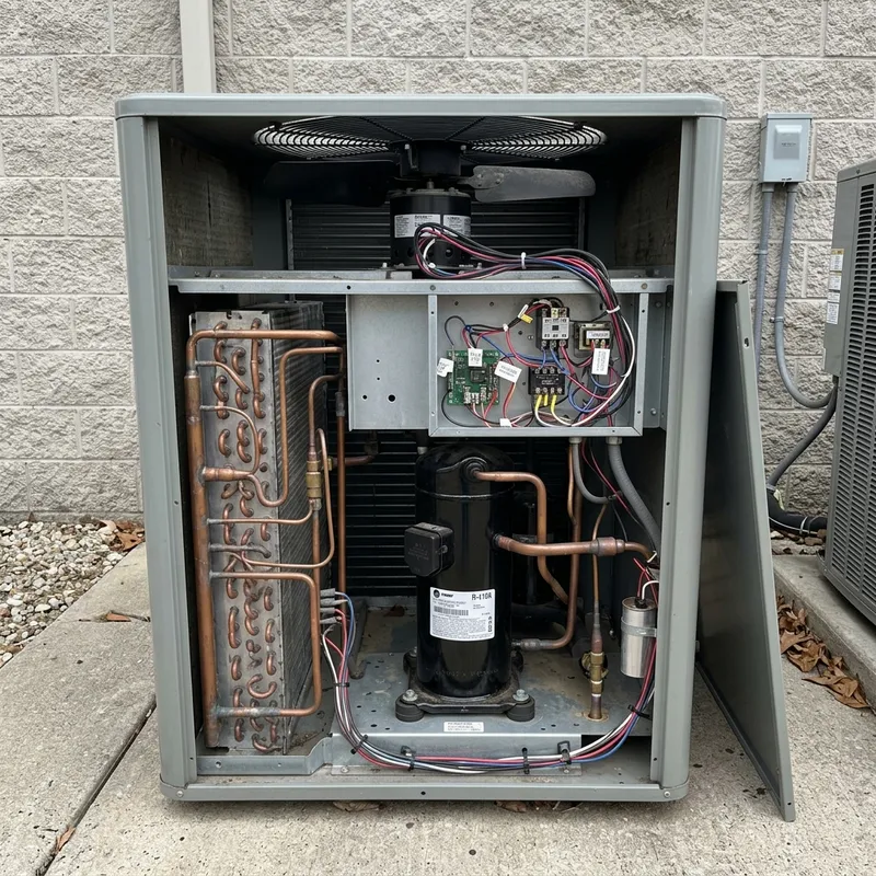 HVAC technician performing air conditioner repair at a Monrovia California home in the summer heat