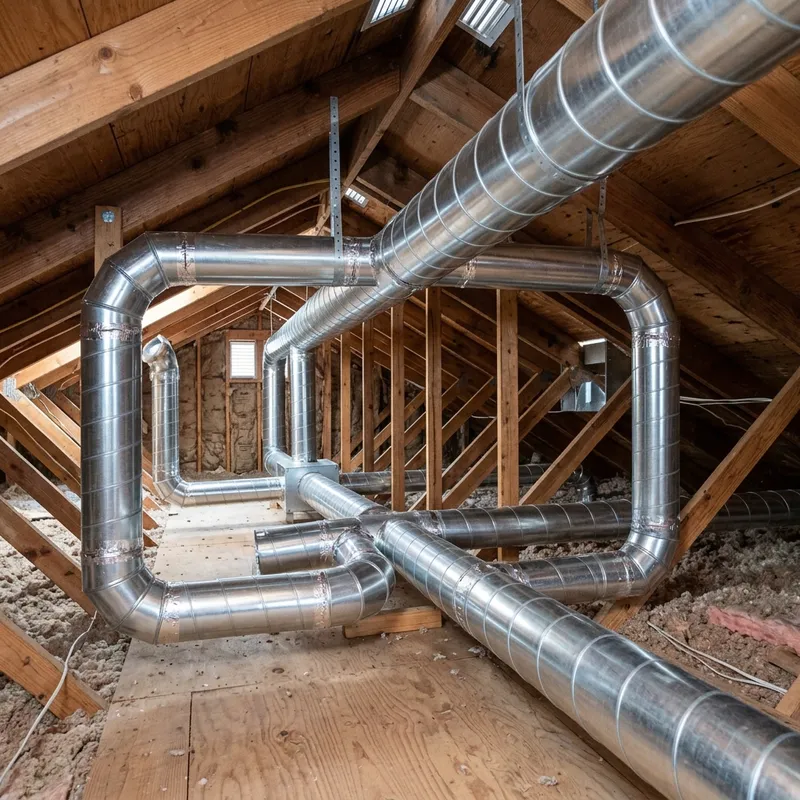 HVAC technician inspecting and sealing ductwork in the attic of a Monrovia California home