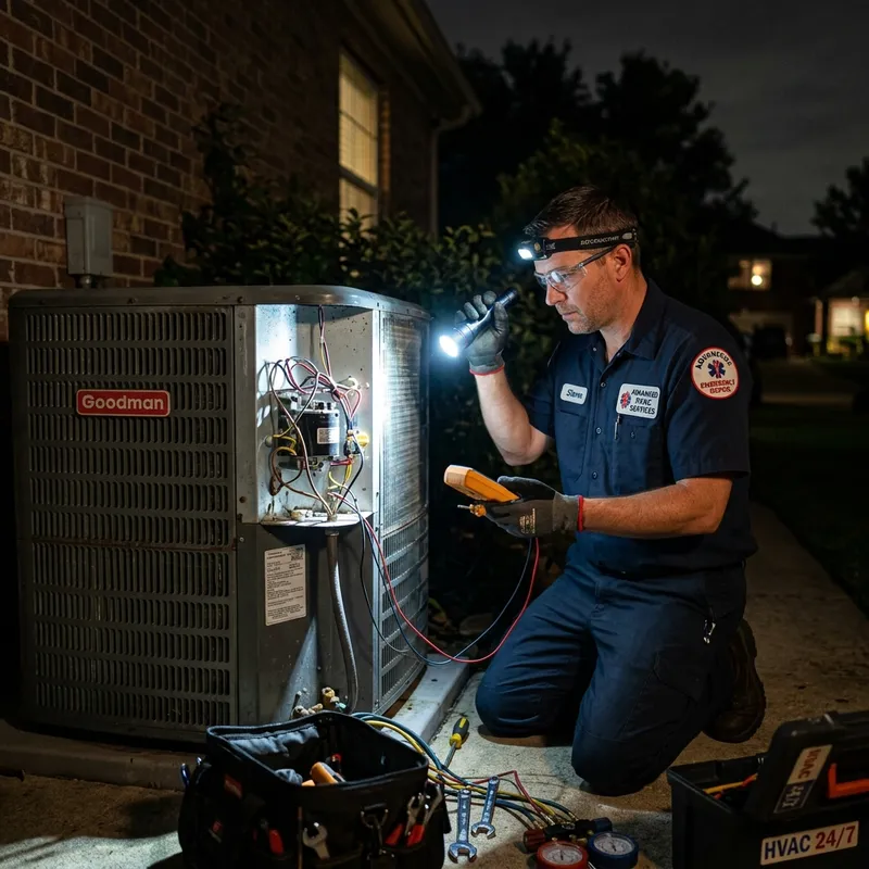 Emergency HVAC repair truck dispatched at night to a Monrovia California home for after-hours service