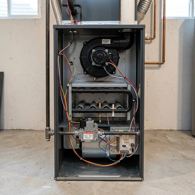 HVAC technician diagnosing and repairing a gas furnace in a Monrovia California home